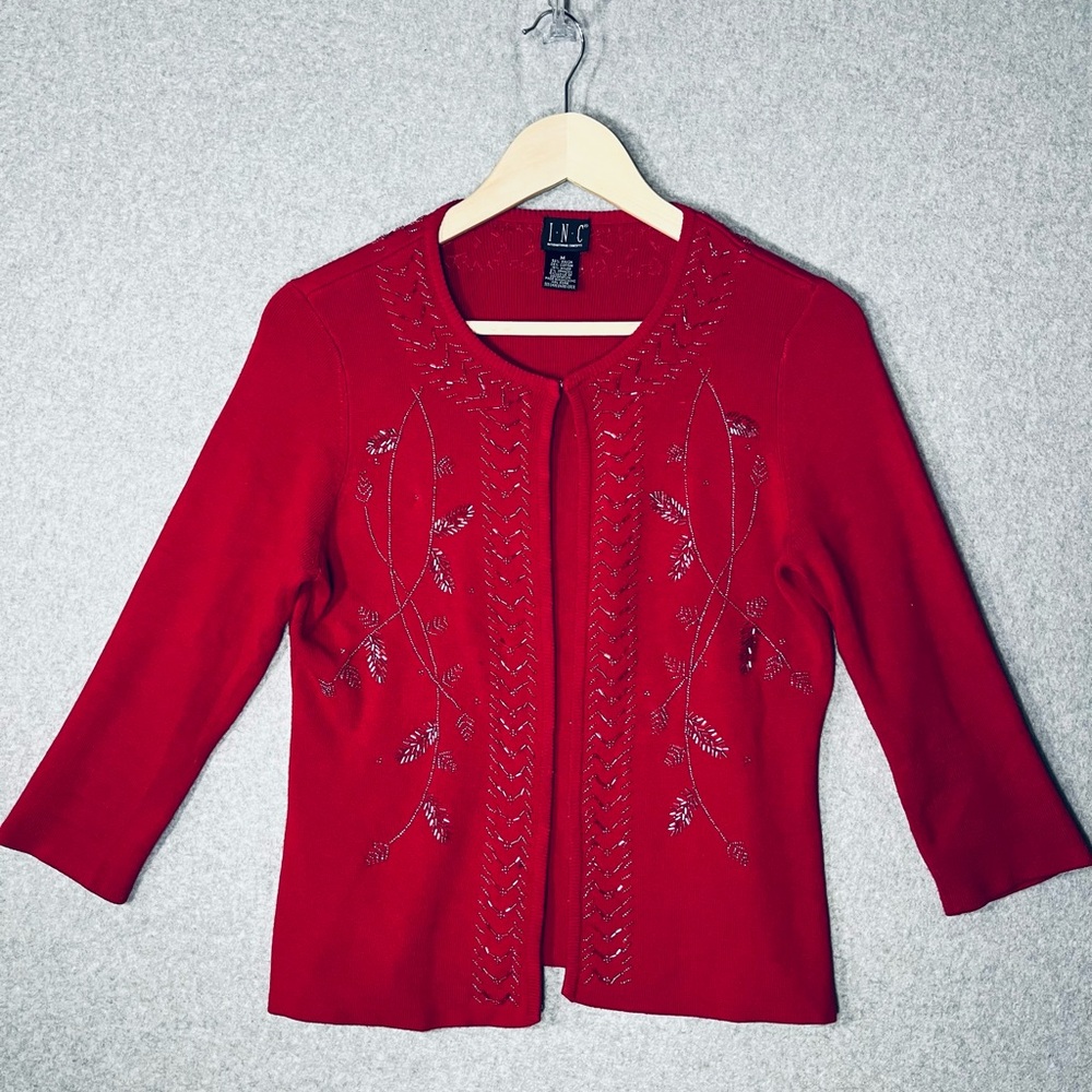 Holiday Beaded Sweater Cardigan Red Sz M 6 8 Sparkle Christmas Hostess Holiday - Picture 10 of 10